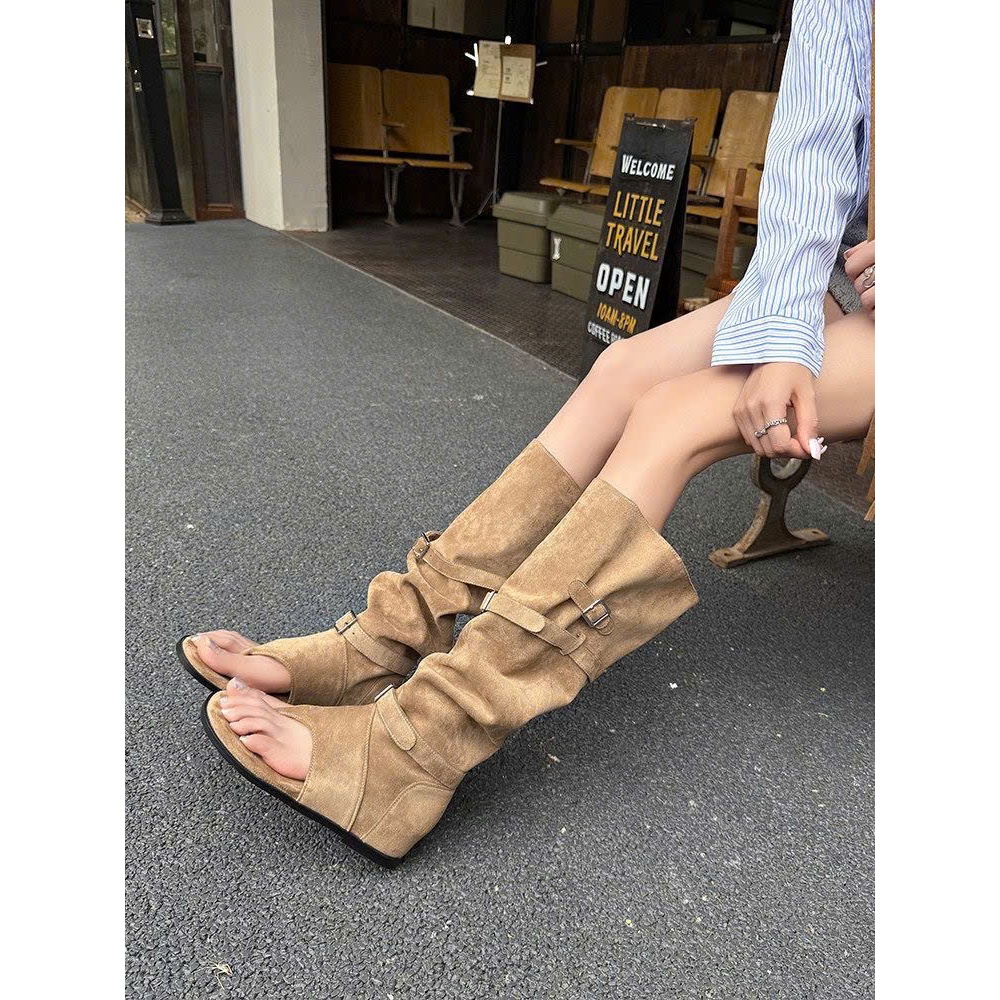 Giày Sandal Hở Mũi Phong Cách Retro Luxi Dáng Xương Cá Xếp Ly Mẫu 2026