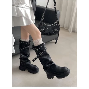 Giày Bốt Cao Cổ Kiểu Dáng Retro Anh Quốc Khóa Thắt Lưng Xếp Ly Giúp Thon Gọn Vóc Dáng