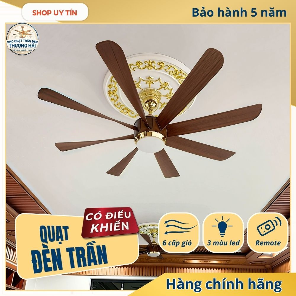 [Tặng Kèm Bộ Cân Cánh - Có Chốt An Toàn]Quạt Trần Đèn, 8 Cánh KP510, 6 Cấp Độ Gió , Điều Khiển Từ Xa