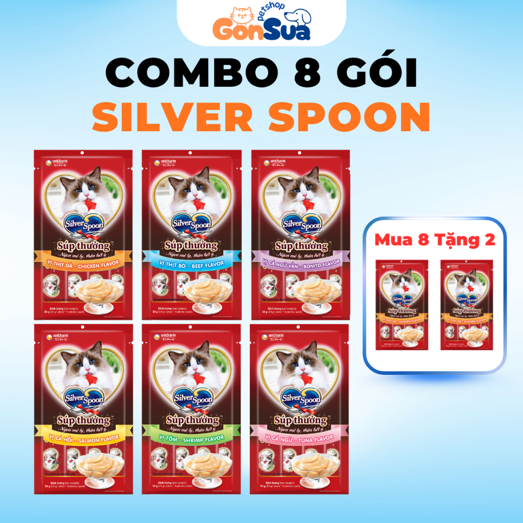[Combo 8 Gói] Súp Thưởng Silver Spoon Unicharm Dạng Thanh Cho Mèo 56gram Bổ Sung Dinh Dưỡng Đề Kháng