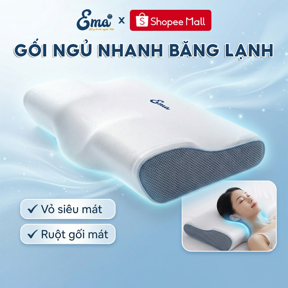 Gối Ngủ Nhanh Cao Su Non Băng Lạnh EMA - Thiết Kế Chống Đau Cổ Vai Gáy, Hỗ Trợ Ngủ Nhanh