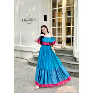 🔥Đầm maxi trễ vai tơ phối màu cao cấp, váy maxi du lịch biển Hè cực xinh, maxi Hè, váy dáng dài
