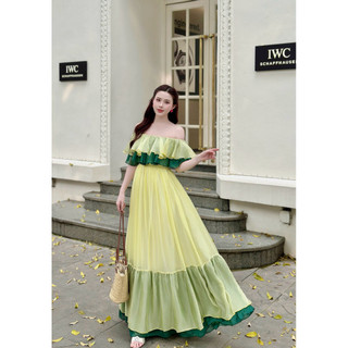 🔥Đầm maxi trễ vai tơ phối màu cao cấp, váy maxi du lịch biển Hè cực xinh, maxi Hè, váy dáng dài