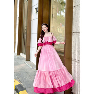 🔥Đầm maxi trễ vai tơ phối màu cao cấp, váy maxi du lịch biển Hè cực xinh, maxi Hè, váy dáng dài