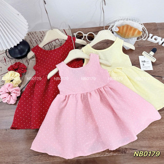 Váy đũi chấm bi đính nơ lưng xinh yêu cho bé gái mặc hè, đi chơi, sinh nhật tặng kem buộc tóc cho bé