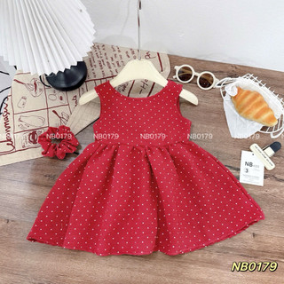Váy đũi chấm bi đính nơ lưng xinh yêu cho bé gái mặc hè, đi chơi, sinh nhật tặng kem buộc tóc cho bé