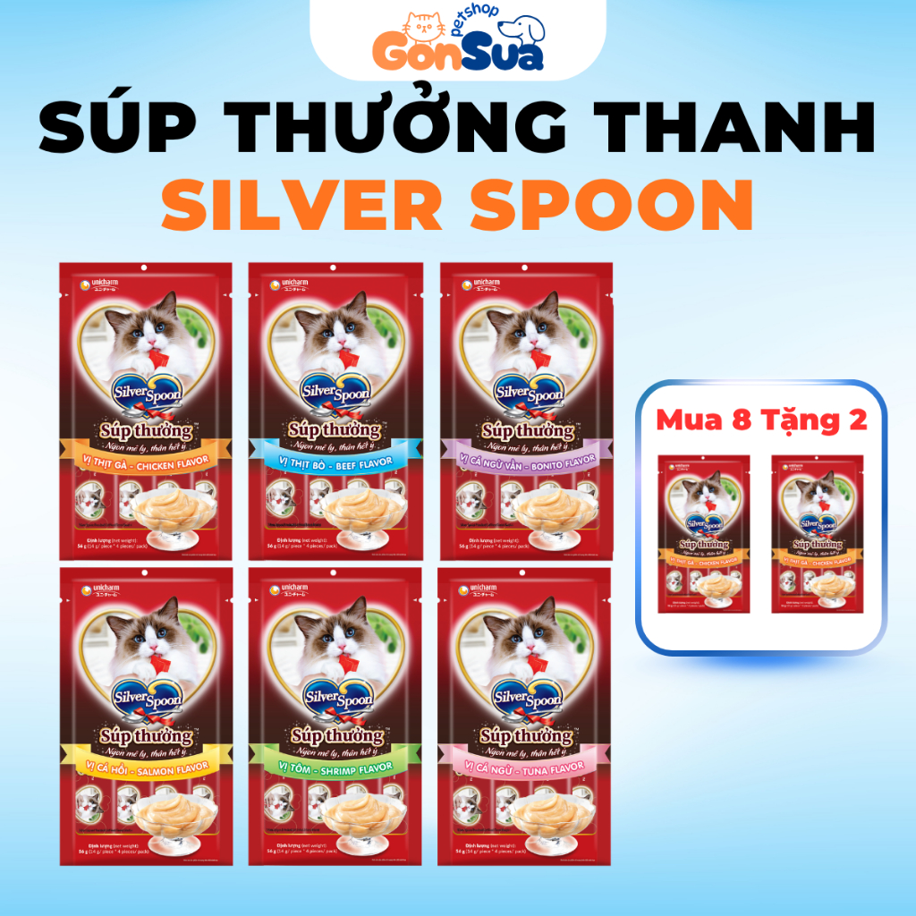 Súp Thưởng Silver Spoon Unicharm Dạng Thanh Cho Mèo 56gram Mix 6 Vị Bổ Sung Dinh Dưỡng Đề Kháng