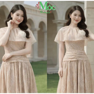 QC_ Đầm váy dài, đầm Ren Hoa bèo nhún vai đính hoa ngực sang chảnh, váy dự tiệc