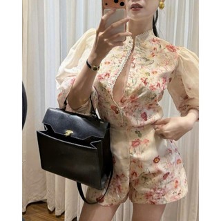 MIMI CLOTHING -Set áo hoa cổ cao viền ren tay phồng phối quần short