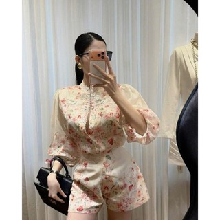MIMI CLOTHING -Set áo hoa cổ cao viền ren tay phồng phối quần short