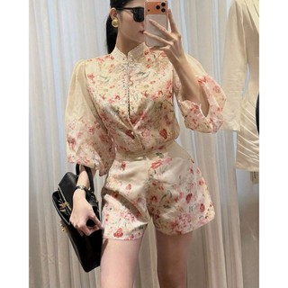 MIMI CLOTHING -Set áo hoa cổ cao viền ren tay phồng phối quần short