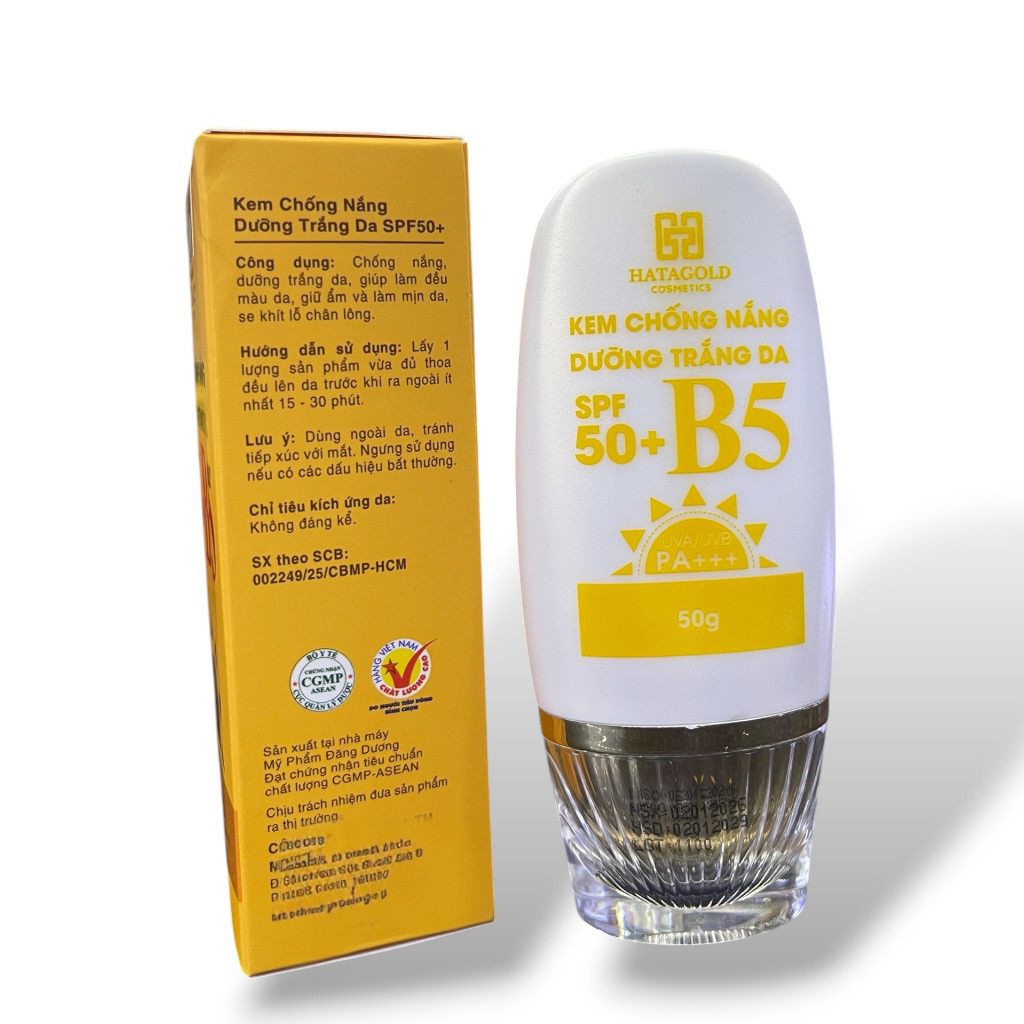 Kem Chống Nắng Hatagold SPF50+ PA+++ B5 – Dưỡng Trắng Da, Nâng Tone Nhẹ, Không Bết Dính, Bảo Vệ UVA/UVB (50gram)