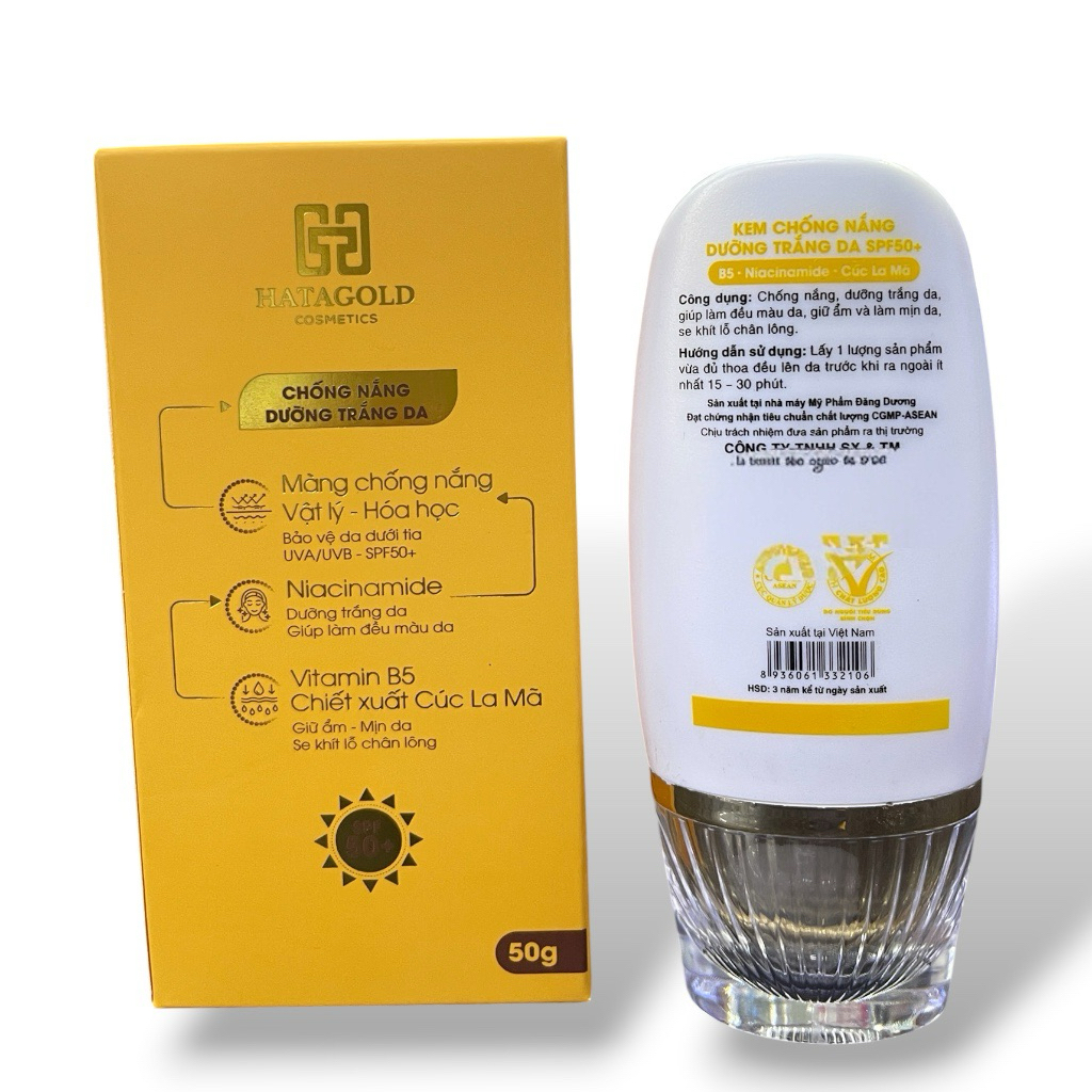 Kem Chống Nắng Hatagold SPF50+ PA+++ B5 – Dưỡng Trắng Da, Nâng Tone Nhẹ, Không Bết Dính, Bảo Vệ UVA/UVB (50gram)