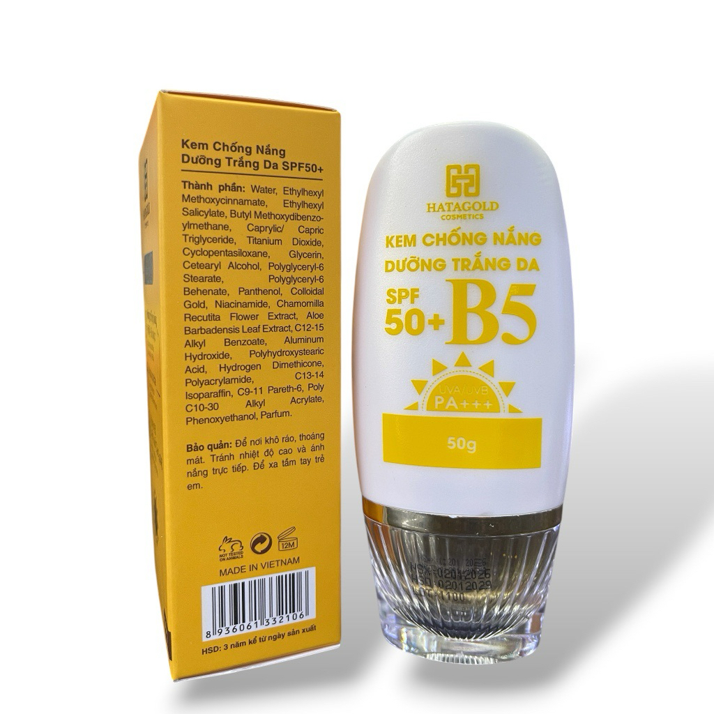 Kem Chống Nắng Hatagold SPF50+ PA+++ B5 – Dưỡng Trắng Da, Nâng Tone Nhẹ, Không Bết Dính, Bảo Vệ UVA/UVB (50gram)