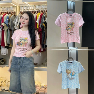 Áo phông cotton cổ tròn cộc tay hình hình mèo Kitty báo form babytee