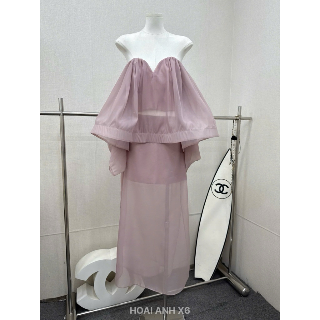 Set tơ trễ vai  2 màu hồng đỗ - xanh chân váy dáng dài SM