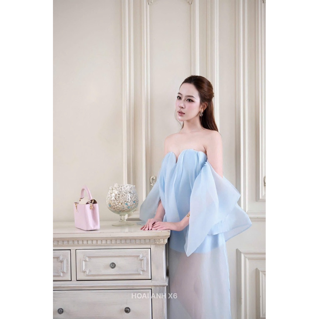 Set tơ trễ vai  2 màu hồng đỗ - xanh chân váy dáng dài SM