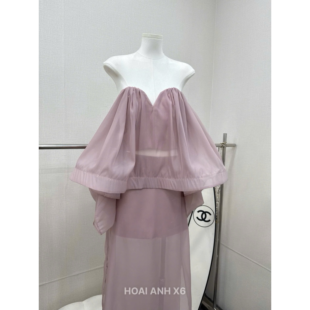 Set tơ trễ vai  2 màu hồng đỗ - xanh chân váy dáng dài SM