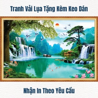 Tranh sơn thủy hữu tình, tranh phong cảnh thác nước tranh 3D dán tường in trên chất liệu vải lụa (shop tặng kèm keo dán)