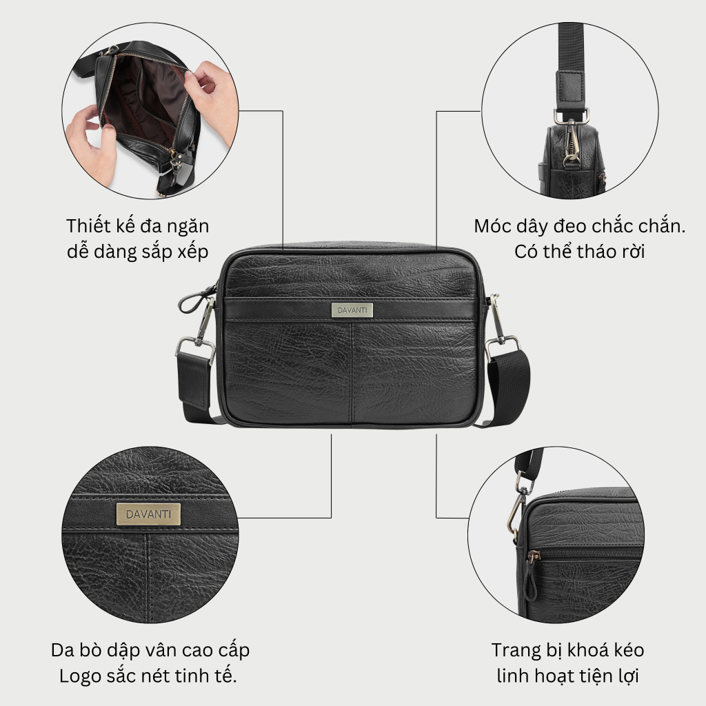 [DA BÒ THẬT] Túi Đeo Chéo Nam Dập Vân Tự Nhiên DD18 - Túi Da Thật Mini Nhỏ Gọn Sang Trọng