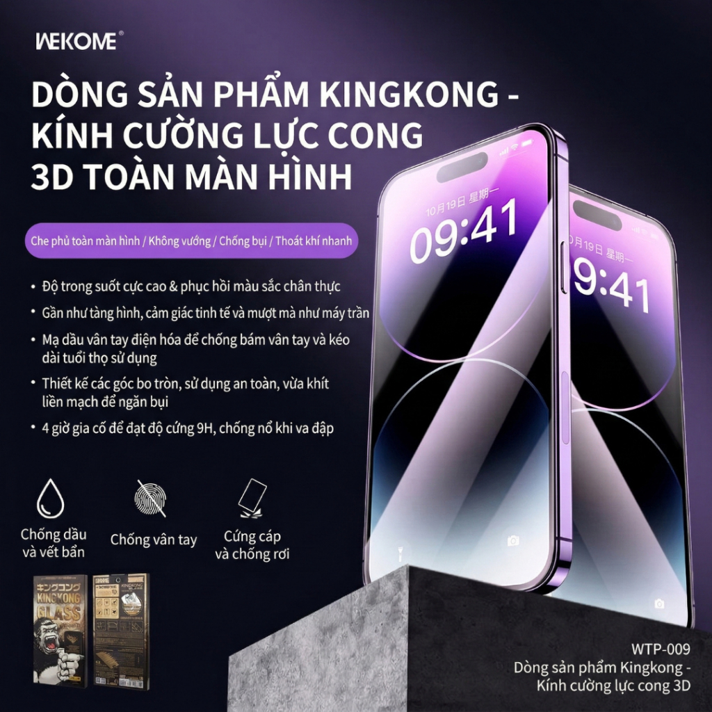Kính Cường Lực KingKong 3D Full Màn iPhone XR/11/12/13/14/15/16 Pro Max/Plus – 9H Chống Trầy Xước