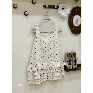Váy Đầm 3 Lỗ Chấm Bi Xoè Phối Nhiều Tầng Nâu Be