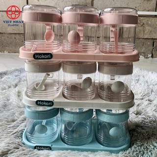 Bộ 3 lọ gia vị Hokori kèm thìa thông minh nhựa Việt Nhật 2936 - Hũ đựng gia vị có nắp đậy tiện lợi