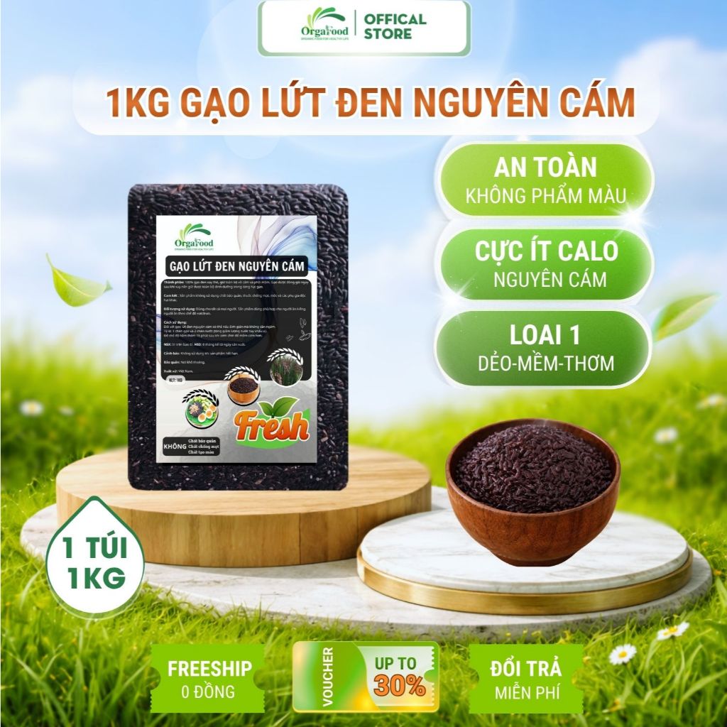 Gạo lứt đen hữu cơ nguyên cám, dẻo mềm Orgafood 1kg, gạo lức ăn kiêng giảm cân, eatclean không cần ngâm