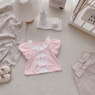 Áo thô hè bé gái cổ phối ren vải mềm mát 9-26kg A572 Tiểu Yến KID