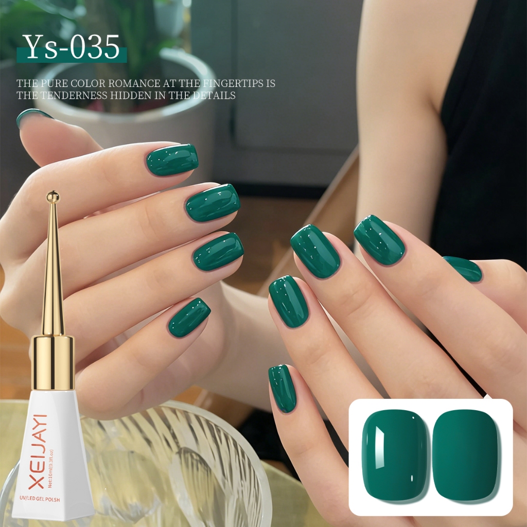 XEIJAYI 10ml - Sơn móng tay dạng gel màu xanh lá cây đậm, màu sắc phong phú và bão hòa cao, làm sáng tông màu da.