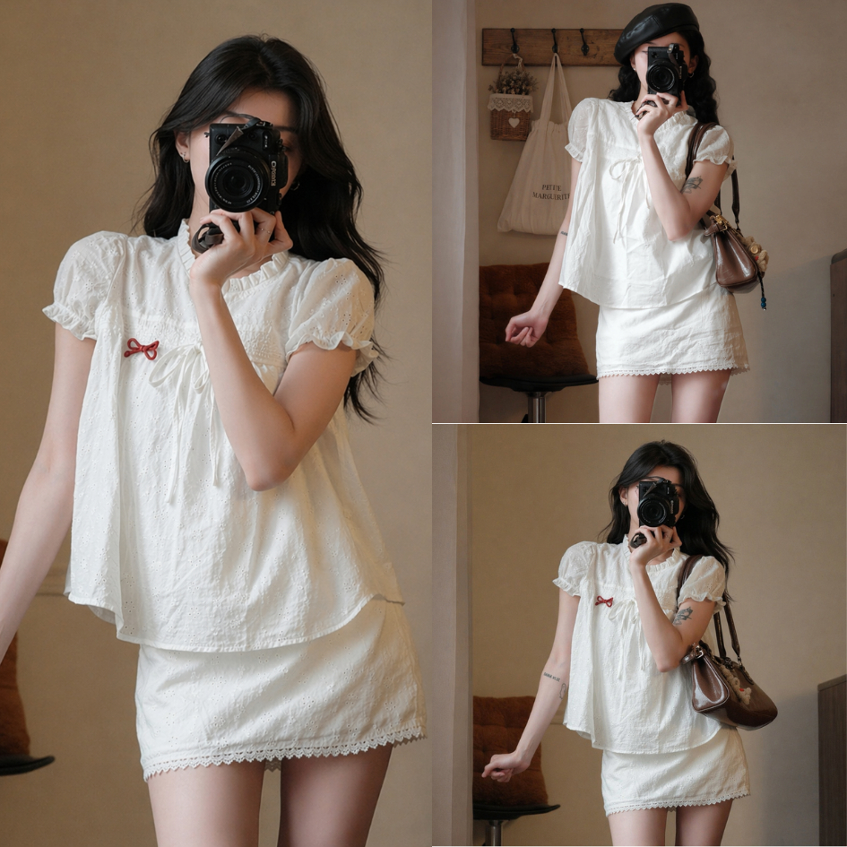 Set nữ babydoll chất thô boil 2 lớp thắt nơ tay bồng kèm chân váy LABEL S62 (không kèm nơ đỏ)