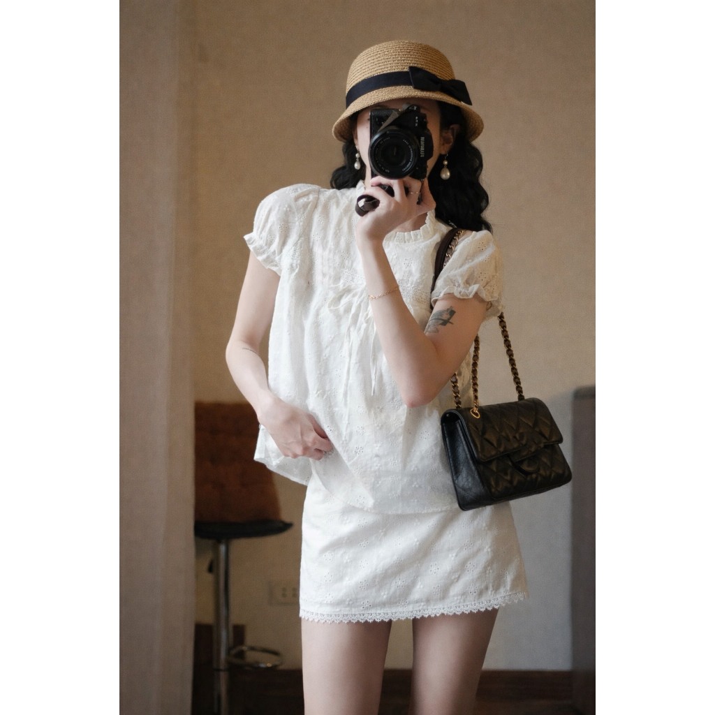 Set nữ babydoll chất thô boil 2 lớp thắt nơ tay bồng kèm chân váy LABEL S62 (không kèm nơ đỏ)