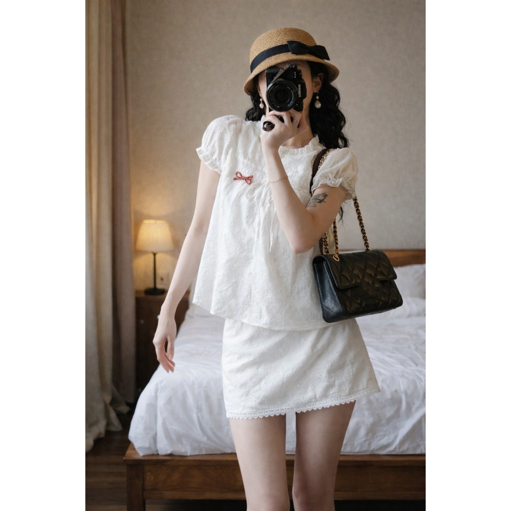 Set nữ babydoll chất thô boil 2 lớp thắt nơ tay bồng kèm chân váy LABEL S62 (không kèm nơ đỏ)