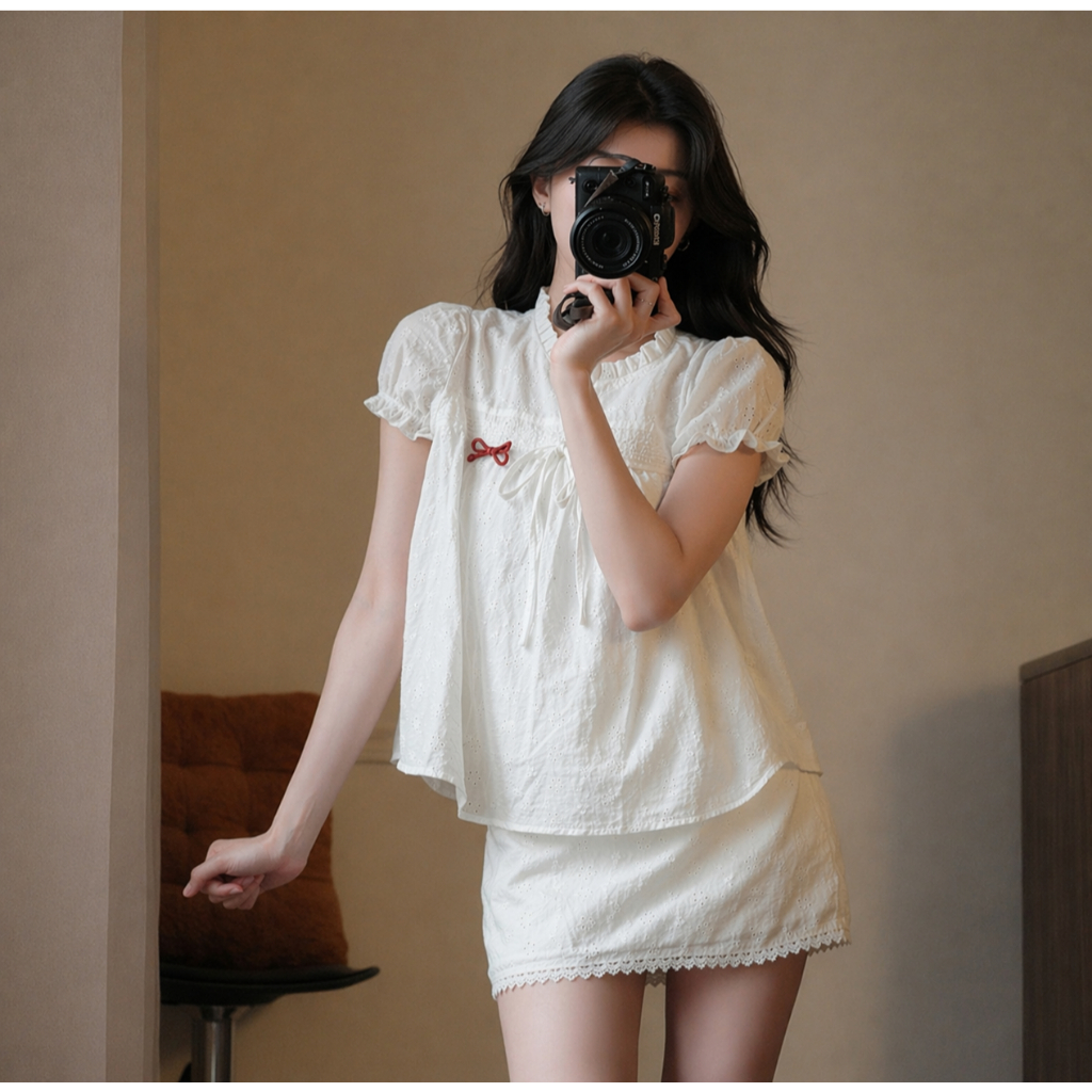 Set nữ babydoll chất thô boil 2 lớp thắt nơ tay bồng kèm chân váy LABEL S62 (không kèm nơ đỏ)