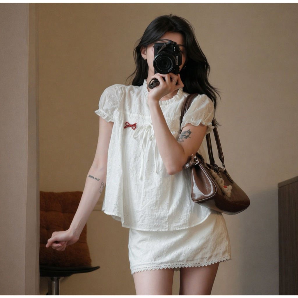 Set nữ babydoll chất thô boil 2 lớp thắt nơ tay bồng kèm chân váy LABEL S62 (không kèm nơ đỏ)