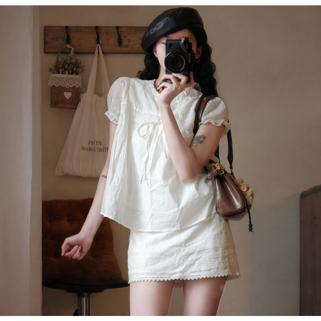 Set nữ babydoll chất thô boil 2 lớp thắt nơ tay bồng kèm chân váy LABEL S62 (không kèm nơ đỏ)