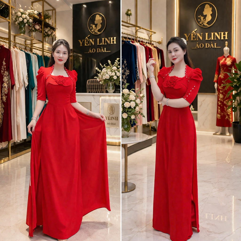 bộ áo dài cổ hoàng gia đính nơ