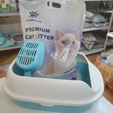 Combo khay vệ sinh cho mèo size nhỏ gồm 3 món: khay vệ sinh mèo 38*28*14cm + xẻng + cát đá khoáng cho mèo túi 4kg