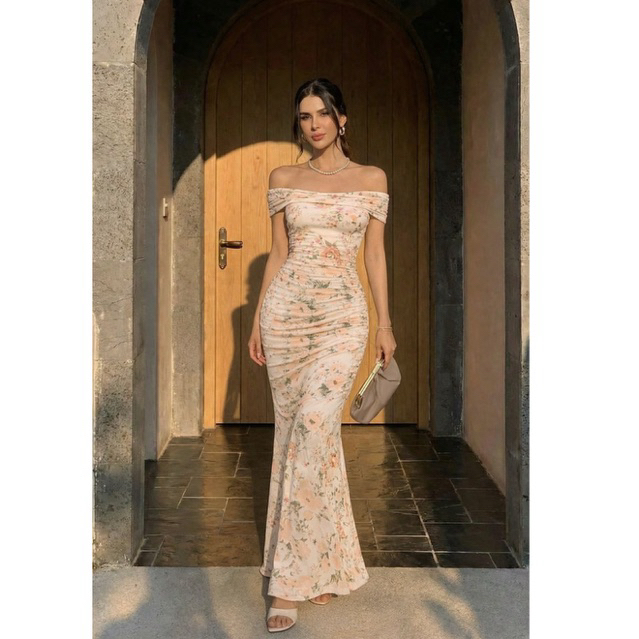 LUXVEER | Đầm thun lưới nhún trễ vai hoa pastel nữ tính tôn dáng sang chảnh 🌸