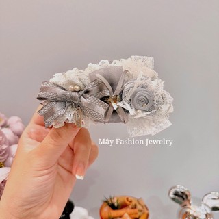 Kẹp chuối 10cm thiết kế đính nơ ruybang xám cao cấp • Mây Fashion Jewelry - K42620