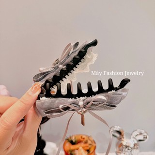 Kẹp chuối 10cm thiết kế đính nơ ruybang xám cao cấp • Mây Fashion Jewelry - K42620