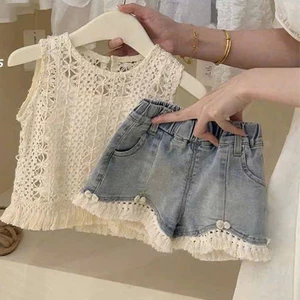 Set áo ren bé gái sát nách phối quần short jean viền tua rua xinh xắn phong cách Hàn Quốc mùa hè mát mẻ cho mẹ và bé