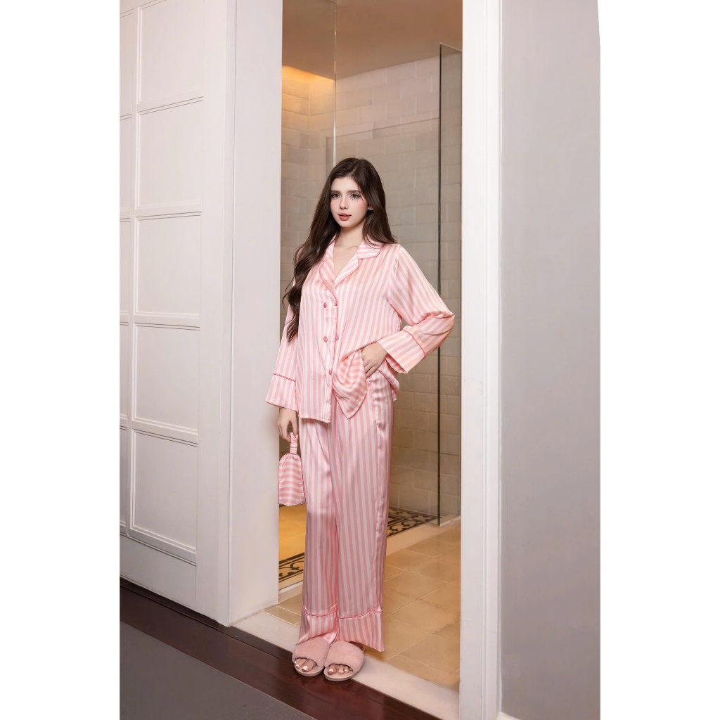 Pijama Tiểu Thư Form Vest Họa Tiết Sọc Hồng Tặng Bịt Mắt Vải Lụa Latin Cao Cấp - Đồ Bộ Lụa Mơ LM142