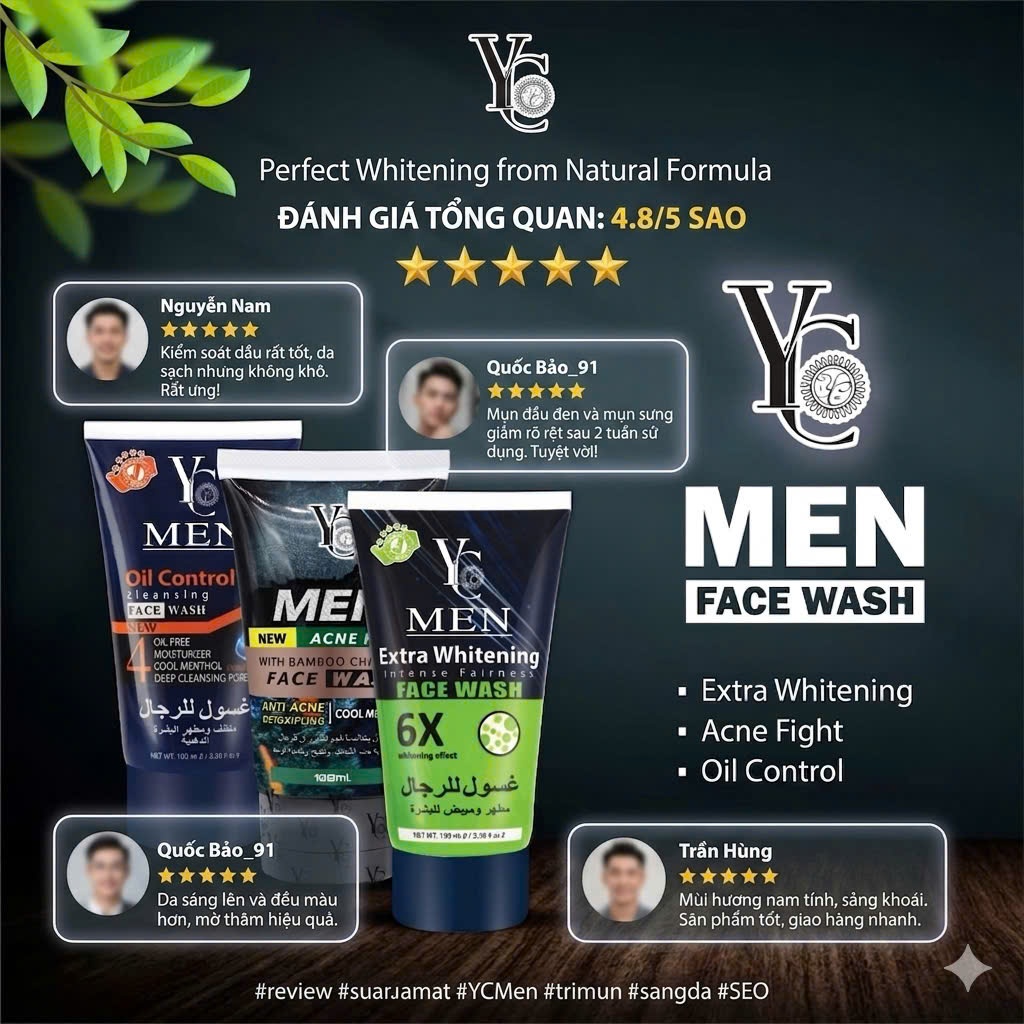 Sữa Rửa Mặt Nam YC Men Thái Lan 100ml – Kiềm Dầu, Ngừa Mụn, Dưỡng Sáng Da, Oil Control & Acne