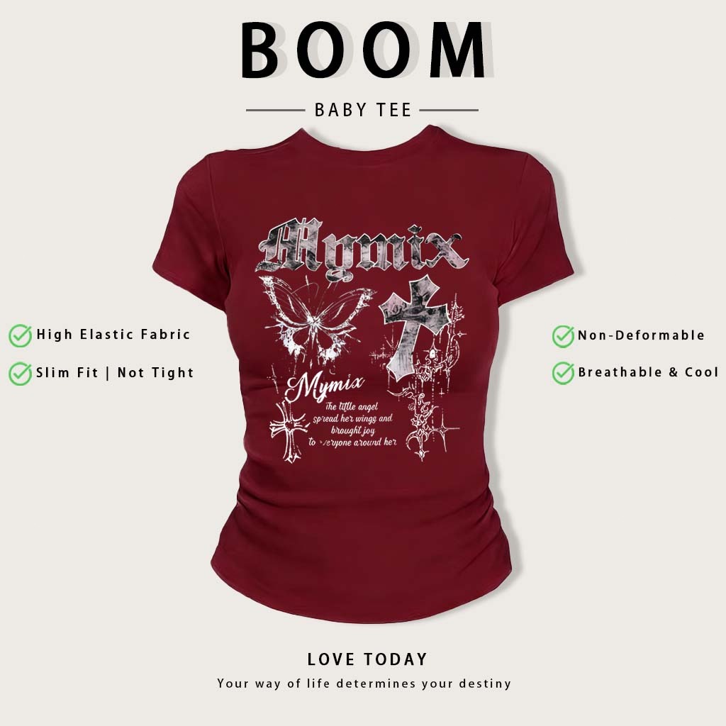 BOOM Áo Baby Tee Nữ Cotton Ôm Body-Áo Thun Ngắn Tay Y2K In Hình PhongCách Mùa Hè, Cổ Tròn Hàng Đầucách hàn quốc phong#16