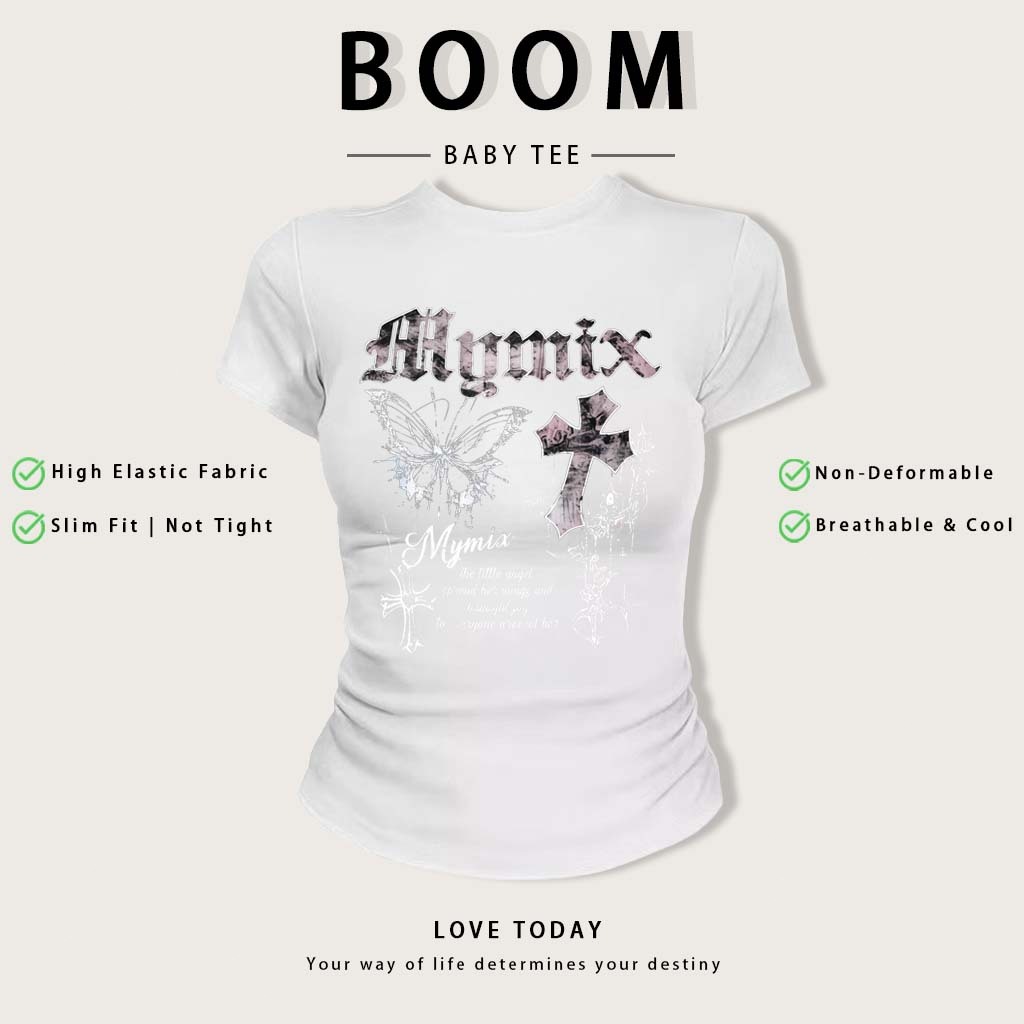BOOM Áo Baby Tee Nữ Cotton Ôm Body-Áo Thun Ngắn Tay Y2K In Hình PhongCách Mùa Hè, Cổ Tròn Hàng Đầucách hàn quốc phong#16