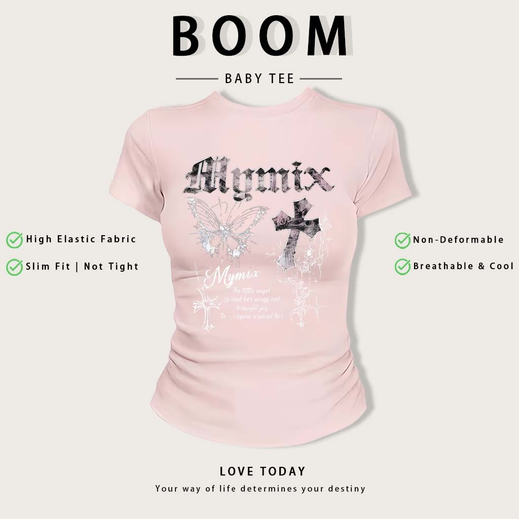 BOOM Áo Baby Tee Nữ Cotton Ôm Body-Áo Thun Ngắn Tay Y2K In Hình PhongCách Mùa Hè, Cổ Tròn Hàng Đầucách hàn quốc phong#16