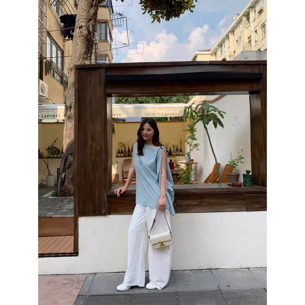 𝗕𝗮𝗹𝗶 - Áo linen lệch vai gài nút