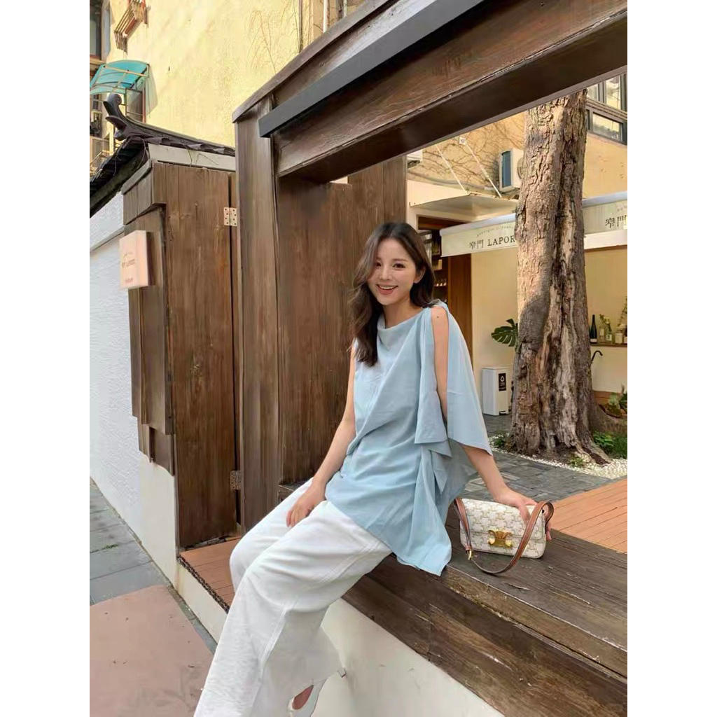 𝗕𝗮𝗹𝗶 - Áo linen lệch vai gài nút