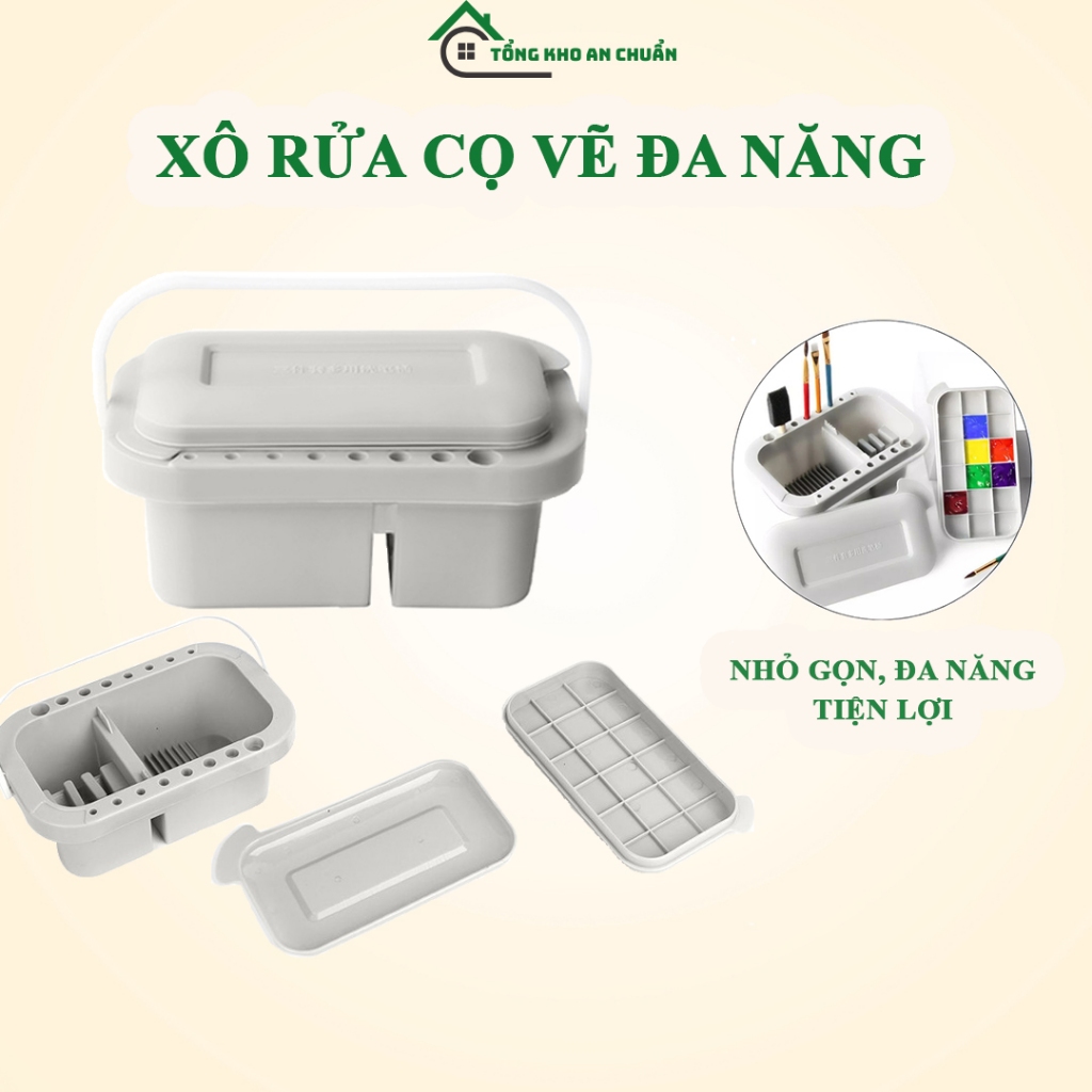Xô rửa cọ vẽ pha đựng màu nước 3 chức năng,có nắp khay rửa làm sạch cọ vẽ đa năng tiện lợi